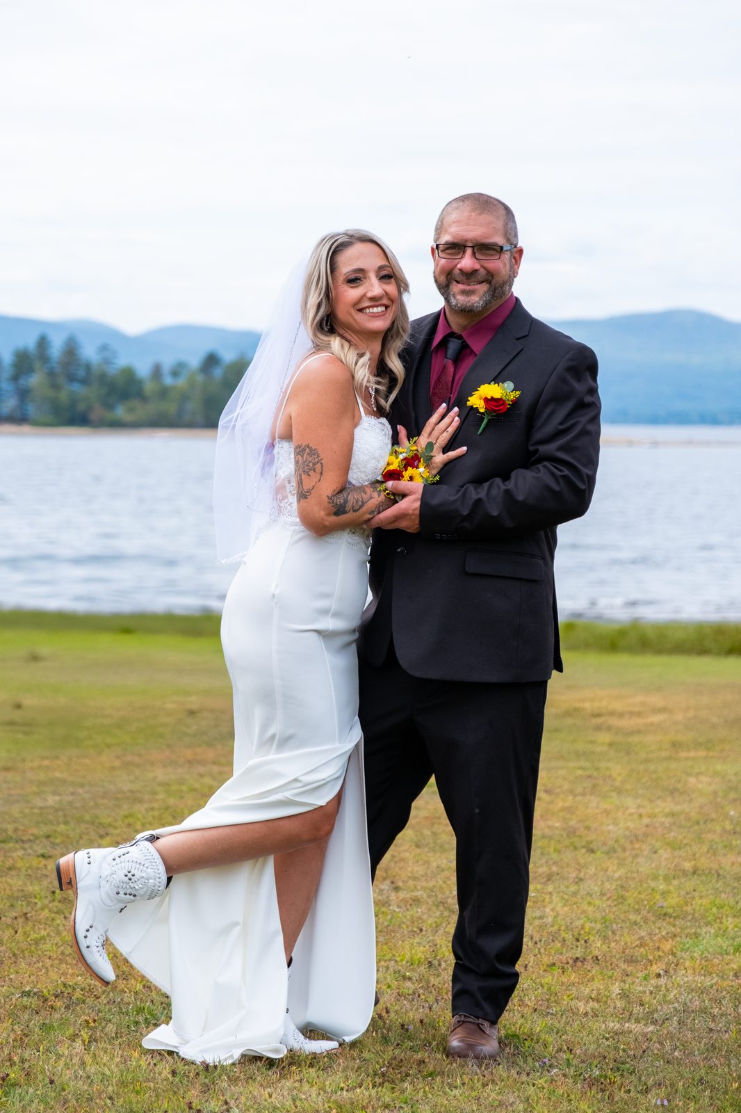 Romantic lakeside couple portrait on wedding day, Capital Region NY